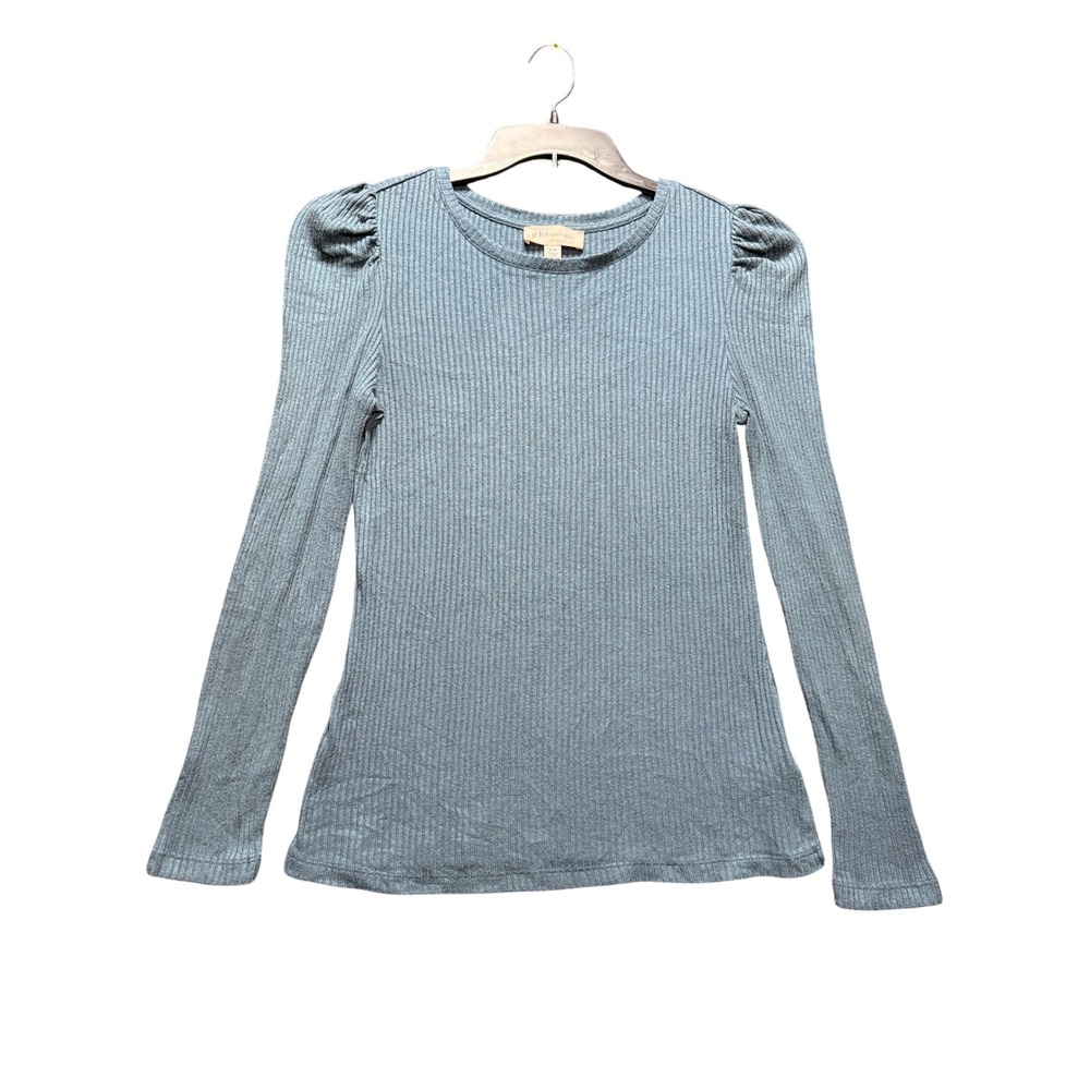 Philosophy Ribbed Puff Sleeve Top Women M Blue Green Ribbed Knit Scoop Neck